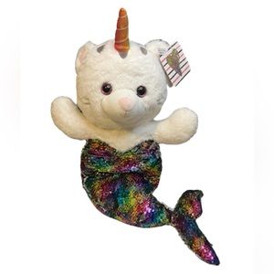 NWT Kellytoy Unicorn Cat Reversible Sequin Mermaid Tail Plush Squish 27”